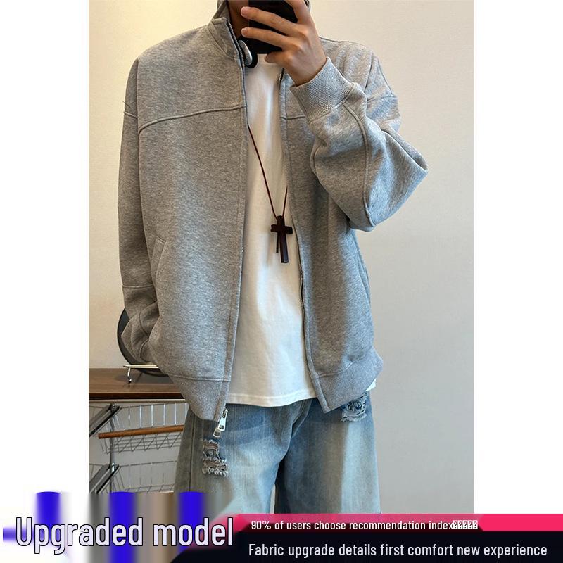 

Men s Winter Light Gray Heavy-Weight Cardigan Hoodie - Plus Velvet, Solid Color, American Style Stand Collar Jacket 3XL