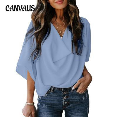 Sommer Damen T-Shirt Übergröße Chiffon Bluse Locker V-Ausschnitt Lässige Kurzarm Tops