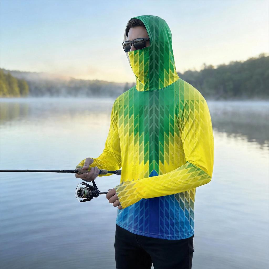 Men's Casual Outdoor Hooded Long Sleeve Sun Protection Shirt Lightweight Breathable Striped Printed Pullover Top for Sports Hiking Fishing