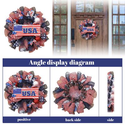 Couronne Décorative Patriotique en Maille avec Ruban Imprimé Drapeau des États-Unis et Motif Étoilé pour l'Entrée de la Maison ou d'un Événement