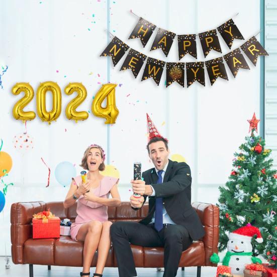 32 Inch 2024 New Year Balloons Set Letter Print Golden Starburst 2024 Number Balloons Party Decorations Set Party Supplies