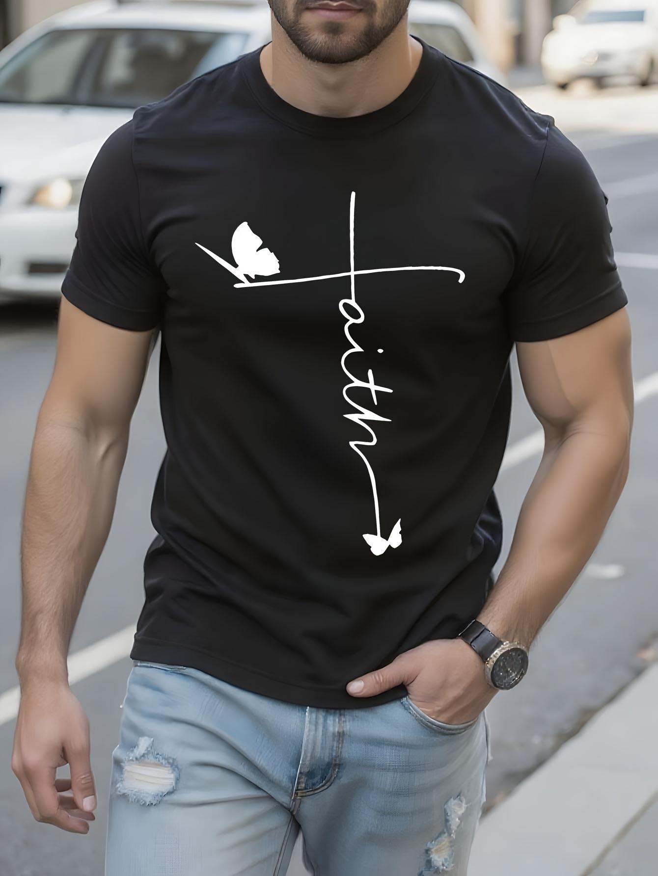 Black Crew Neck Tshirt - Faith Cross Graphic Tee with wit... S