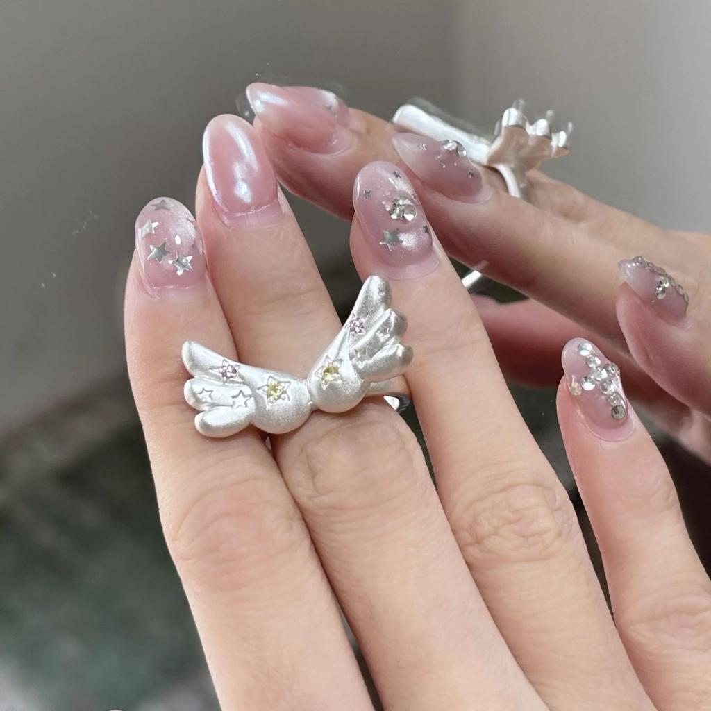 Korean Fashion Cute Shining Crystal Star Wings Open Rings For Women Girl Y2K Gothic Creative Charm Jewelry Accessories