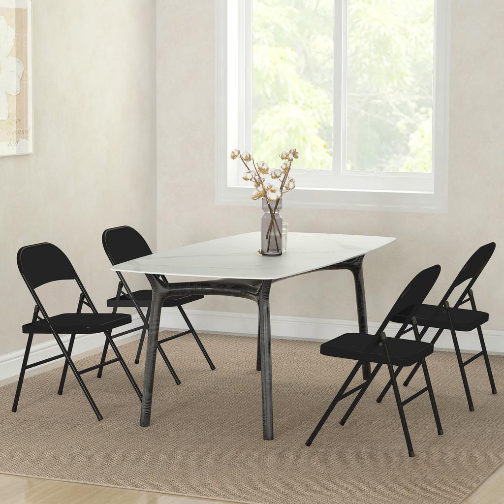 Set of 4 Folding Chairs with Padded Seat in Polyester and Steel Structure, Black