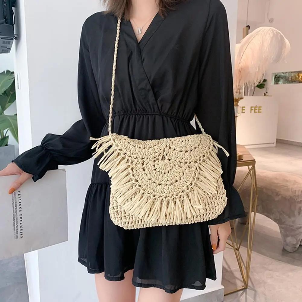 Straw Weaving Clutch Bag Tassels Design Women Square Wallet Retro Rattan Weave Crossbody Bags Summer Hand-Woven Flap Sling Purse