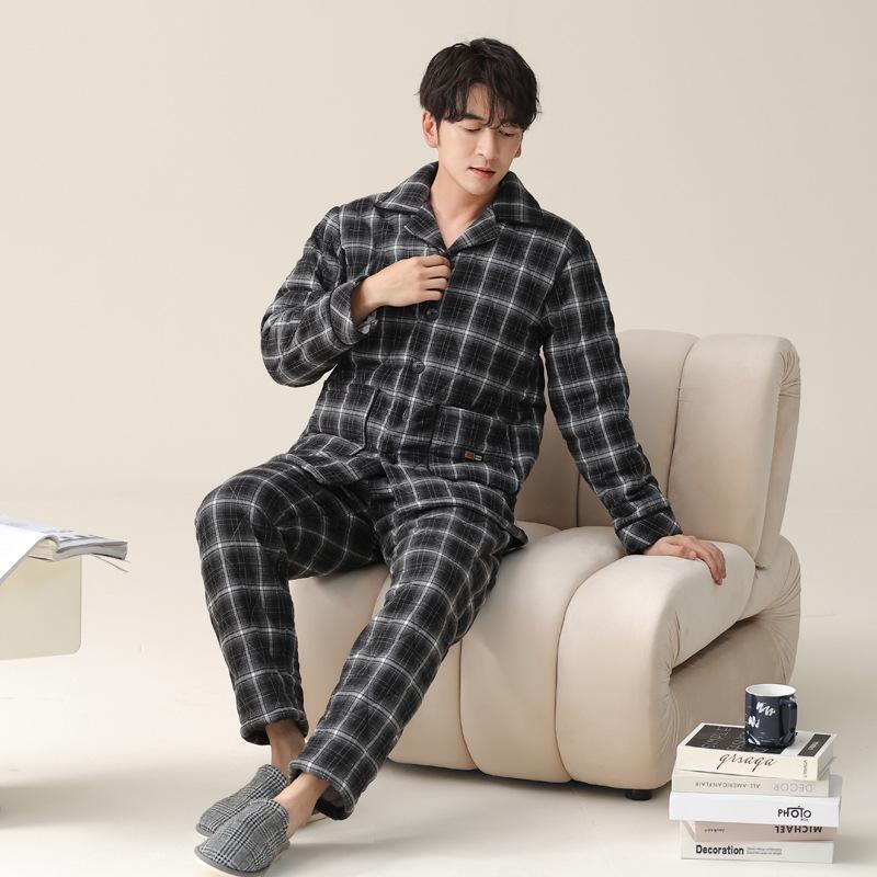 Pajamas Men'S Winter Three-Layer Thickened Velvet Pure Cotton Padded Cotton Autumn And Winter Warm Anti-Static Winter Loungewear Set