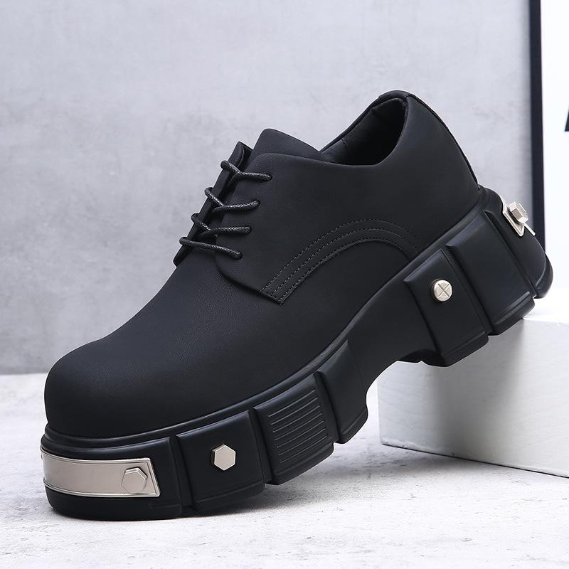 Niche Thick-soled Carbon Black Iron Element Big Head Derby Shoes Men's Advanced Sense Matte Heightening Rivets Heavy Industry High Street Tide Shoes