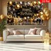 2D Black Gold Happy Birthday Backdrop, Balloon & Gift Party Background