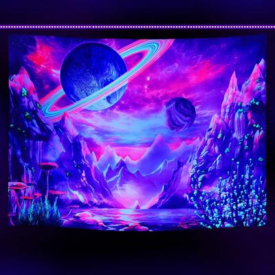 Black Light Astronaut Fluorescent Tapestry Planet Starry Sky UV Reactive Wall Hanging Hippie Home Decor