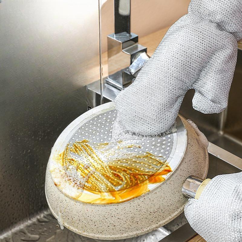 Wydłużone srebrne rękawice do zmywania naczyń, kuchenne rękawice do mycia garnków i naczyń, domowe rękawice ze stalowej wełny do czyszczenia bez oleju