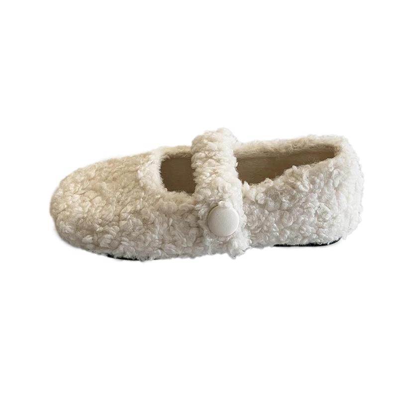 Fashion Winter New Fashion White Furry Beanie Shoes Women Wear French Style Plus Fleece Cotton Shoes Female Fairy Solid Mary Jane Shoes