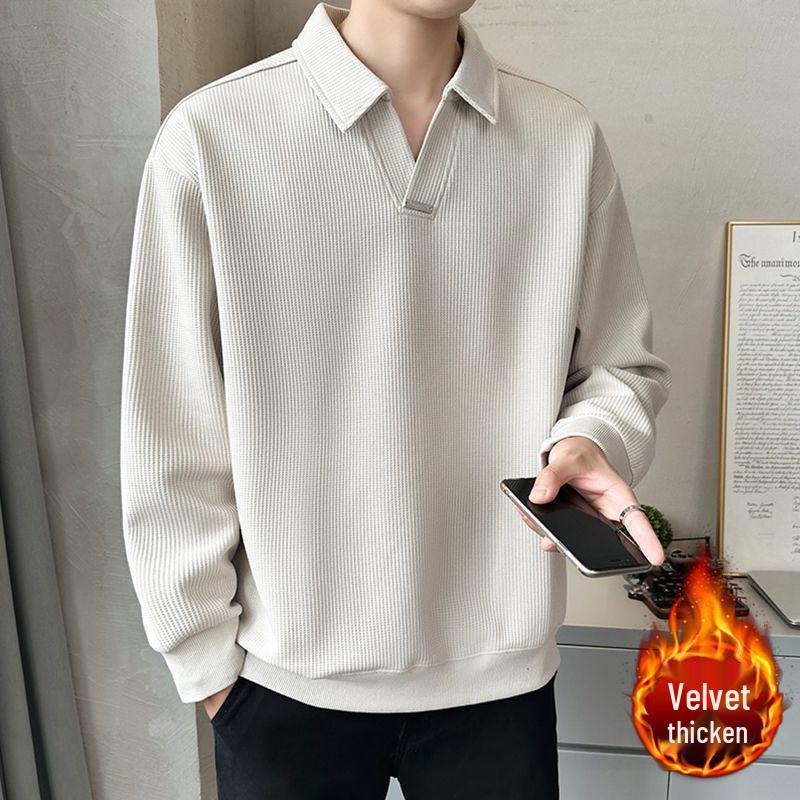 Men's Trendy V-Neck Fleece-Lined Polo Sweatshirt - Autumn/Winter 2025 Collection