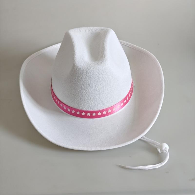 Fashionable Adult White Western Top Hat Adjustable Strap Wide Brims Hat For Daily Wear and Theme Event Gathering