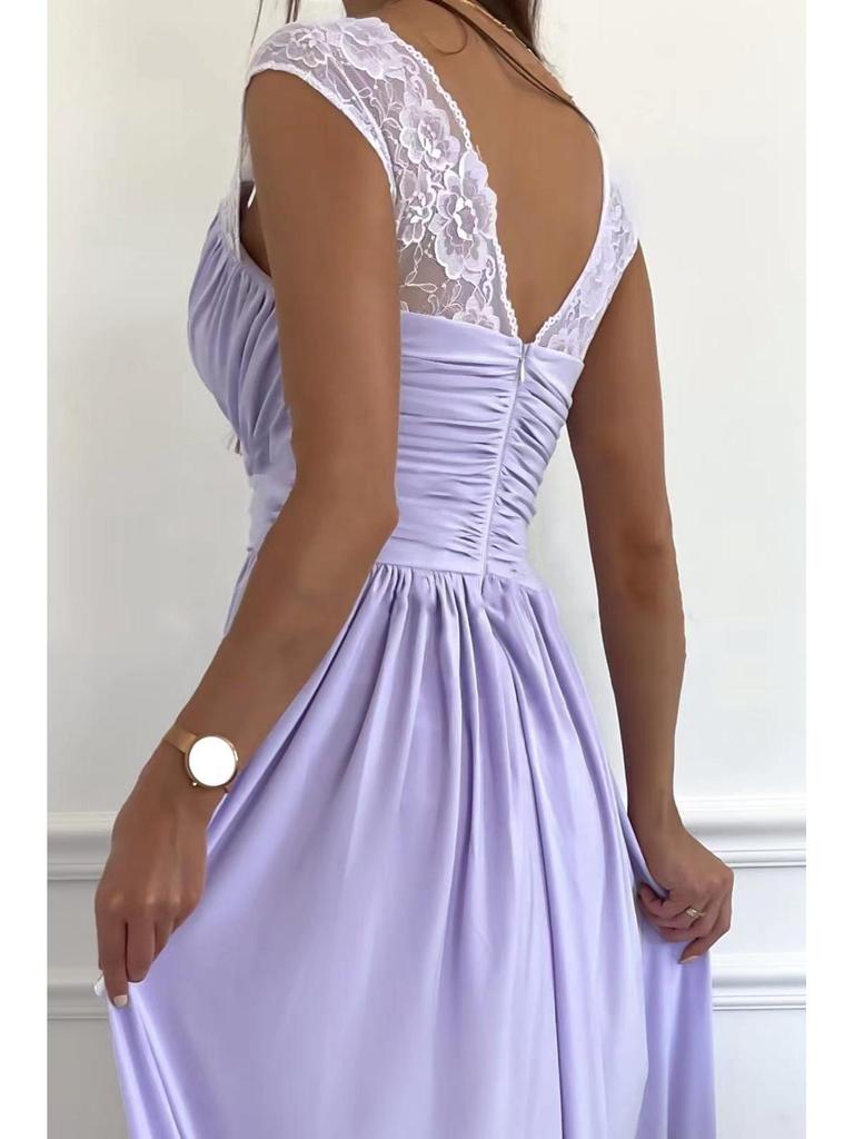 Women's Sleeveless Lace Dress with Open Back and Slit Hem