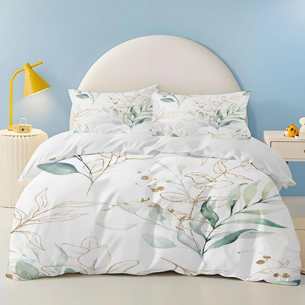 Green plants Palm leaves 100% PolyesterAnime Printed Bedding Set Duvet Cover Queen Cotton Cute Printed Cartoon Quilt Cover
