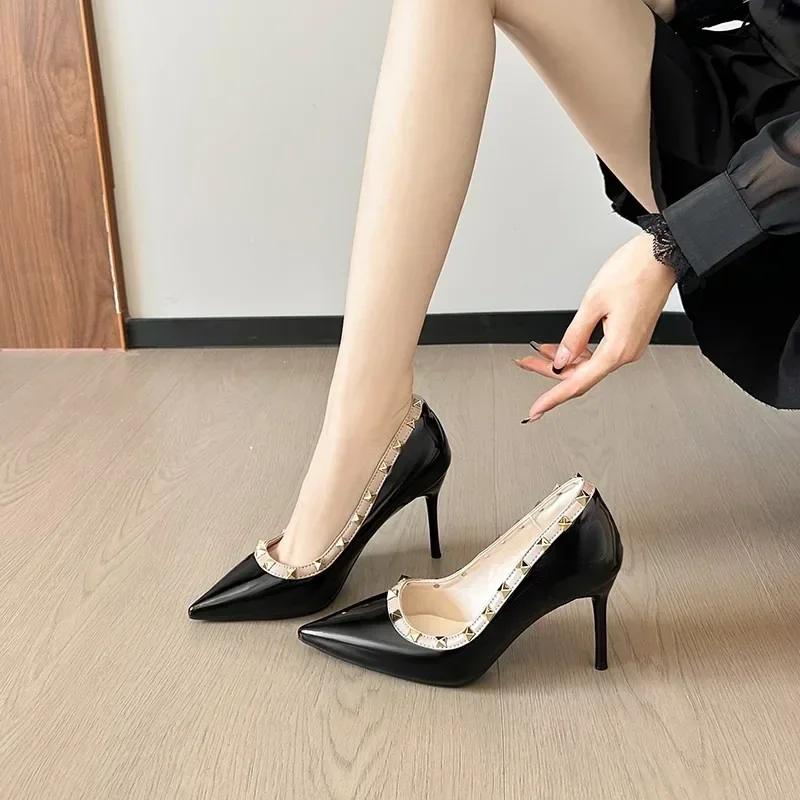 Fashion Sexy Pointed Toe Women's Soft Leather Pumps Autumn New Thin High Heels 2025 Latest Rivet Design Dress Shoes Big Size