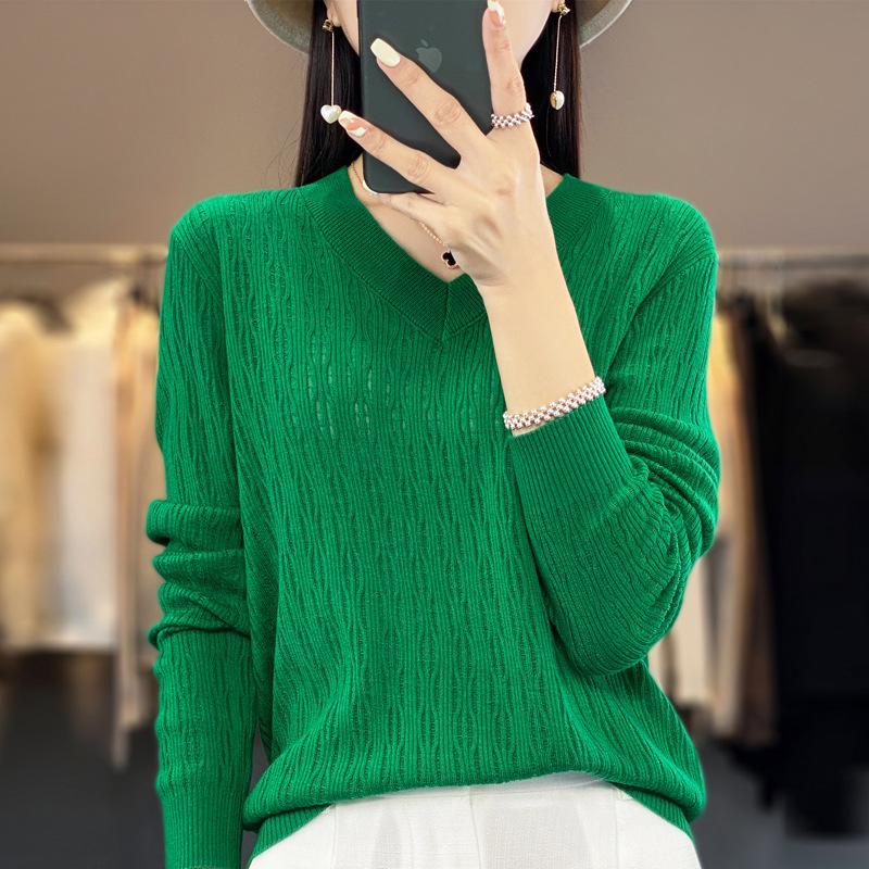Summer 2025 Women's Plus Size V-Neck Long Sleeve Hollow Out Knit Sweater Cardigan Blouse