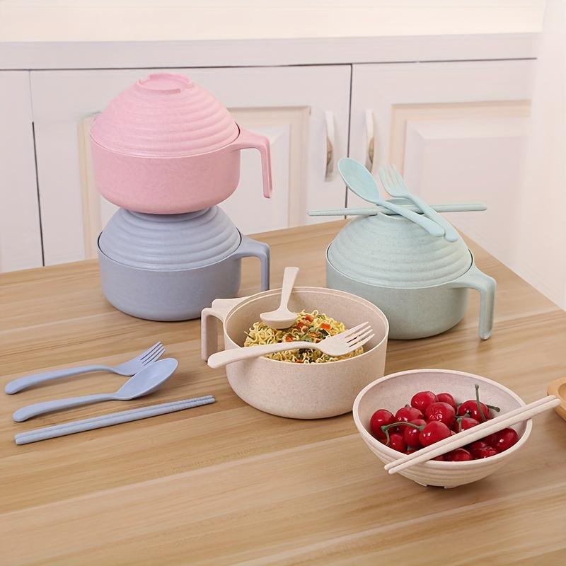 5pcs Wheat Straw Lamian Noodles Bowl and Lunch Box with Lid Spoon, Fork and Chopsticks Especially Suitable for Kitchen Tableware