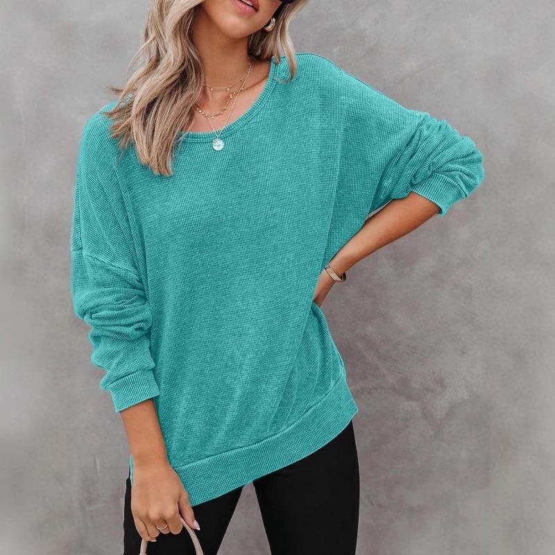 New Autumn Women's Round Neck Long Sleeve Side Slit Waffle Simple and Versatile Sweatshirt