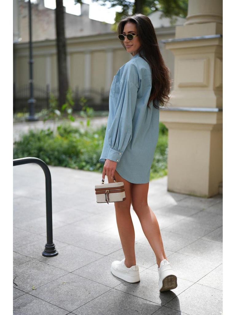 New Women's Fashion: Simple Solid Color Washed Denim Mid-Length Long Sleeve Shirt