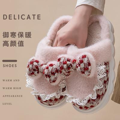 Cartoon Bow Wool Slippers Autumn and Winter Home Living Room Bedroom Warm Fleece Soft Bottom Lightweight Cotton Slippers