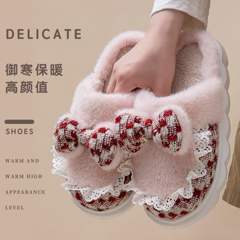 Cartoon bow wool slippers autumn and winter home living room bedroom warm fleece soft bottom lightweight cotton slippers