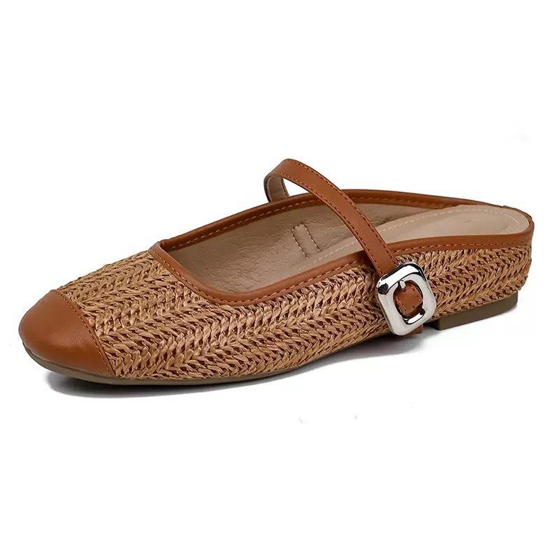 Grape Mother with the Same Height Increased by 5cm~ Leisure and Vacation Style Straw Woven Square Head Sandals Lazy Half Drag Women Summer Versatile