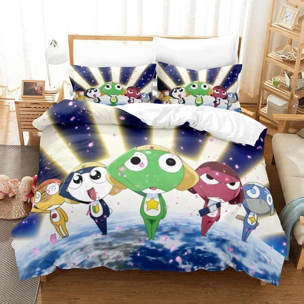 3D Kawaii Cartoons Bed Sheet Keroro Frog Bedding Set Single Twin Full Queen King Size Bed Set Adult Kid Bedroom Duvet Cover Sets
