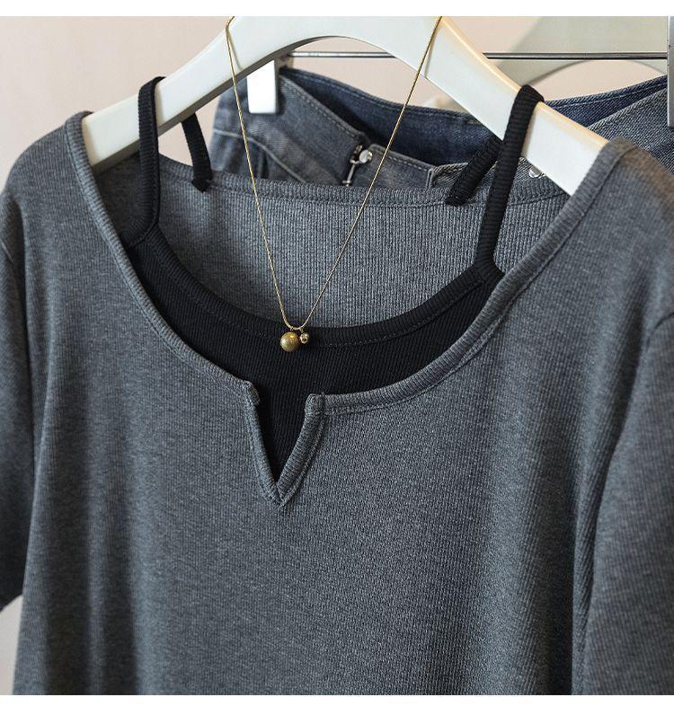 Women's Plus Size Patchwork Faux Two-Piece Short Sleeve T-Shirt - Loose, Slimming, Versatile Summer Style