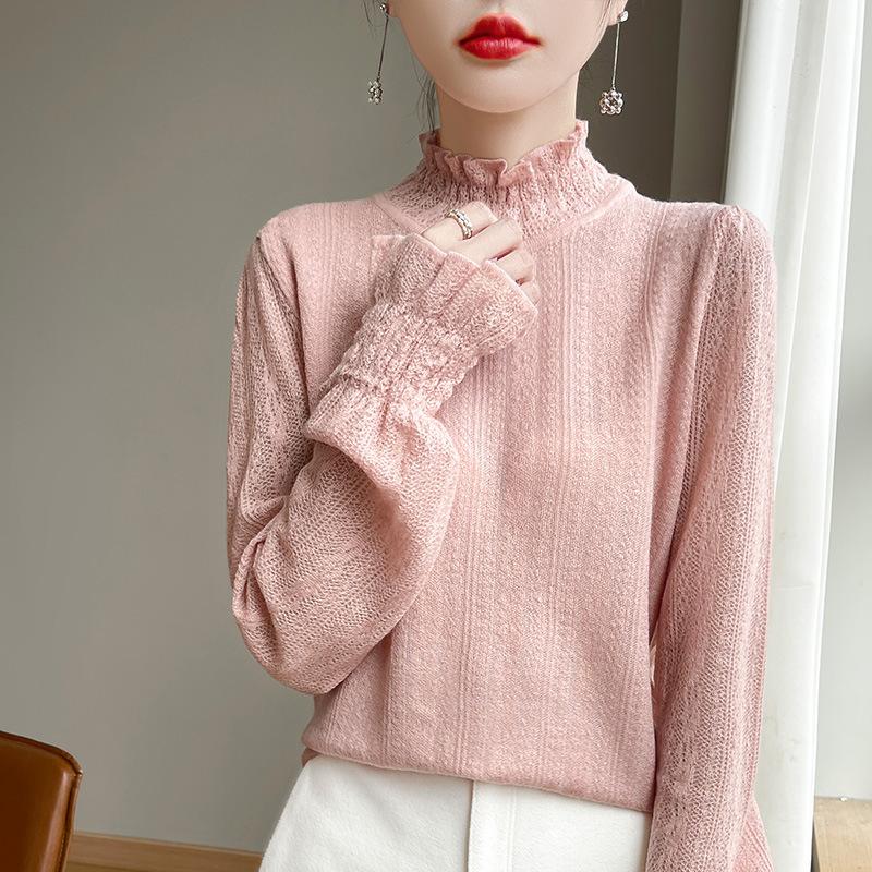 Spring Wool Women's Knitwear High Neck Fashion Pullover Top Bottom  Sweater