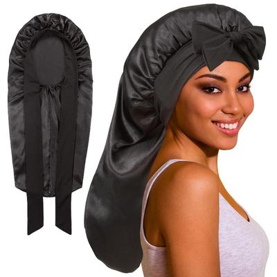 Simulation Silk Wide Edge Long Tube Nightcap, Bow Streamer Long Tail High Elastic Satin Hair Care Cap