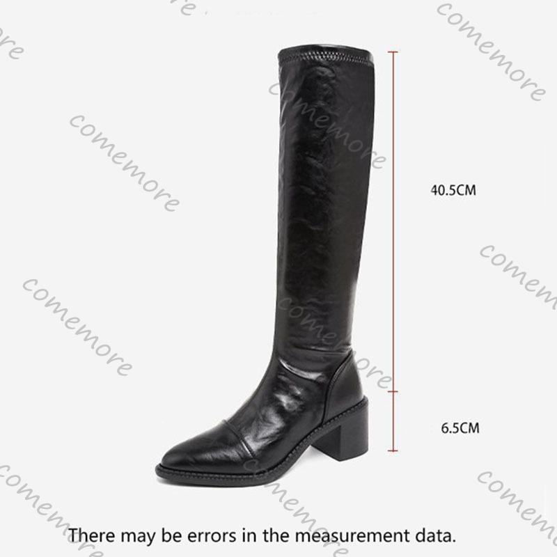 Fashion Comemore Black Thick Heels Knee High Boots for Women Autumn Winter Pu Leather Long Boots Woman Slip On Pointed Toe Botas Mujer