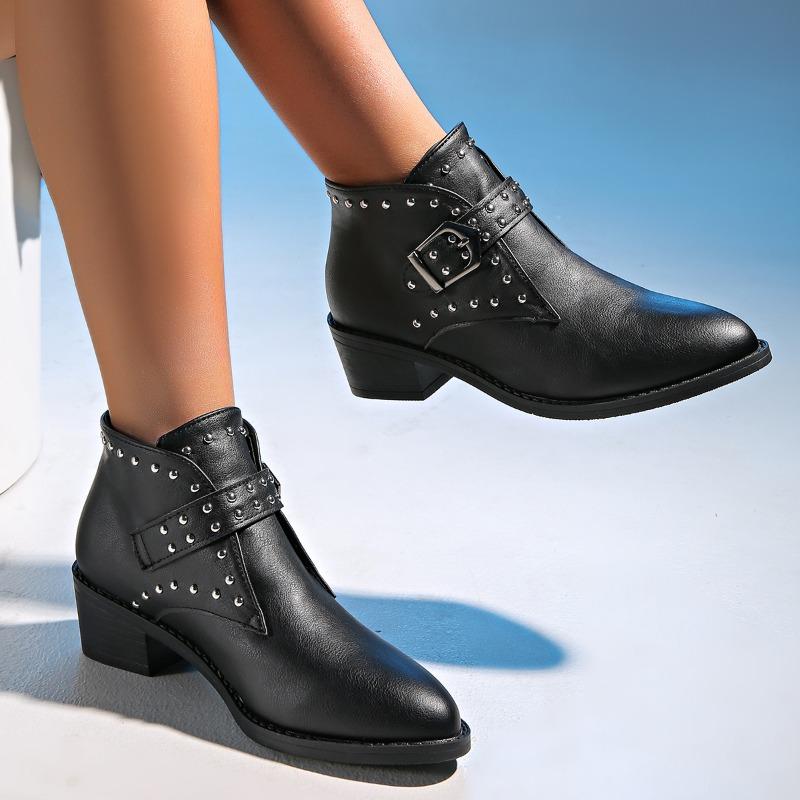 Large Pointed, Low Cut Square Heel Fashion Boots for Autumn and Winter , New Short Buckle Chelsea Women's Boots