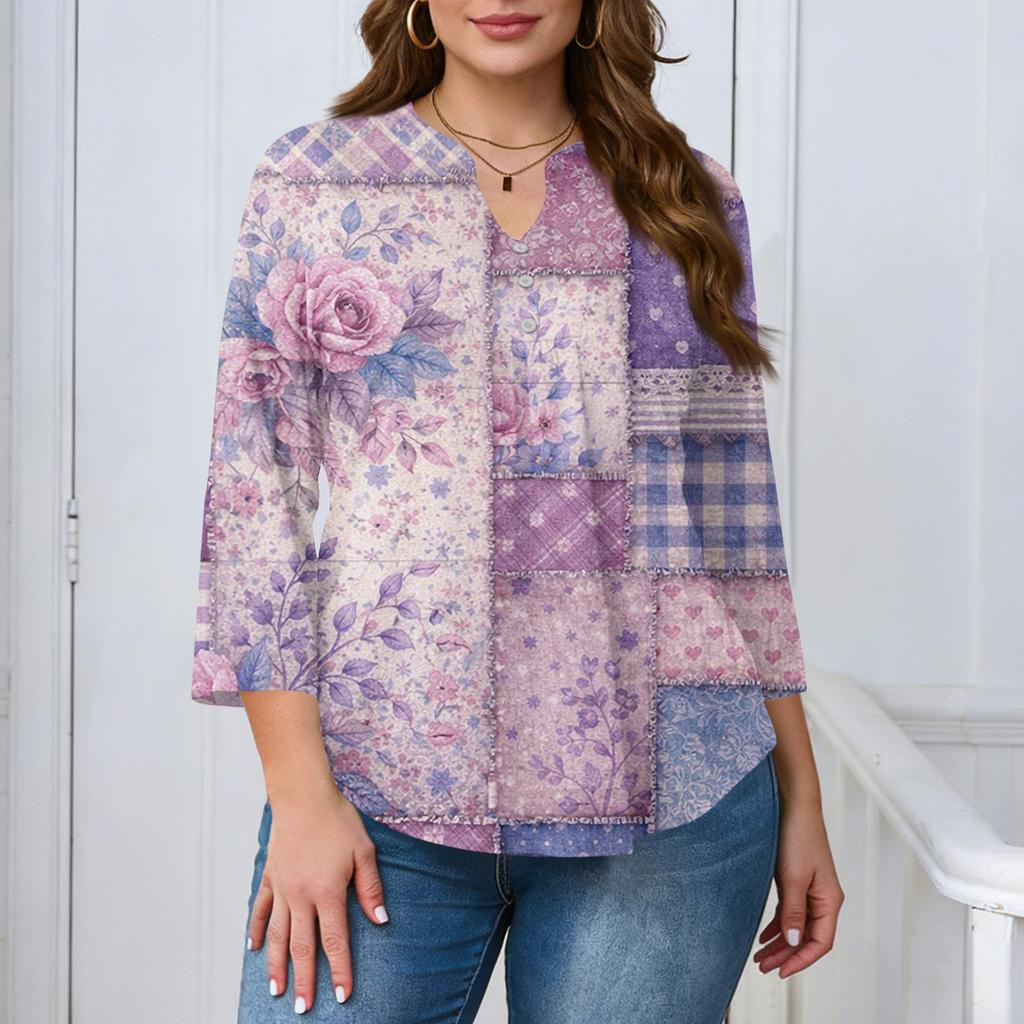 Plus Size Womens Casual Loose Fit V Neck Printed Blouse with Buttons Three Quarter Sleeve Relaxed Fit Top for Daily Wear