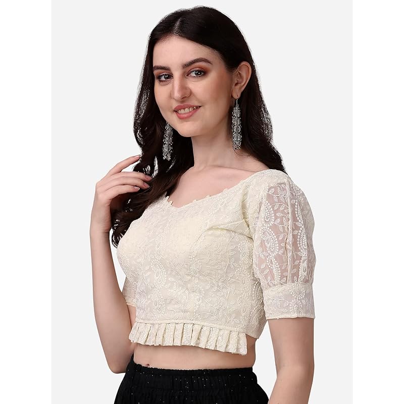 Pujia Mills Women s Georgett Lucknowi Embroidery Puff Sleeve Tie UP Blouse (Lucknowi Tie) (Off White, 38) 38 белый