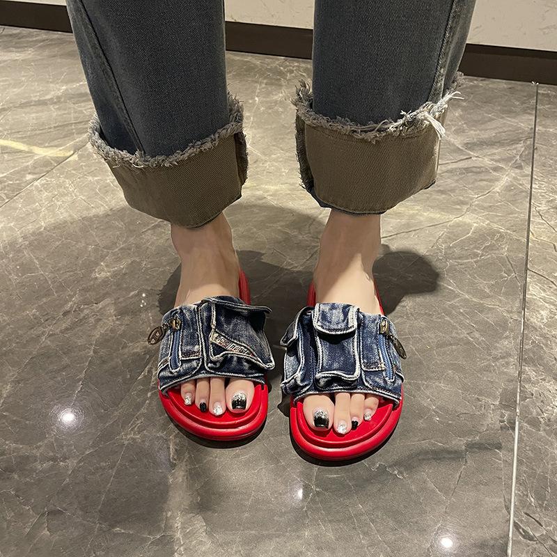 

Толстые однотонные классные тапочки модные ретро джинсовые тапочки нишевый дизайн удобные пляжные сандалии женские оптом 35 синий