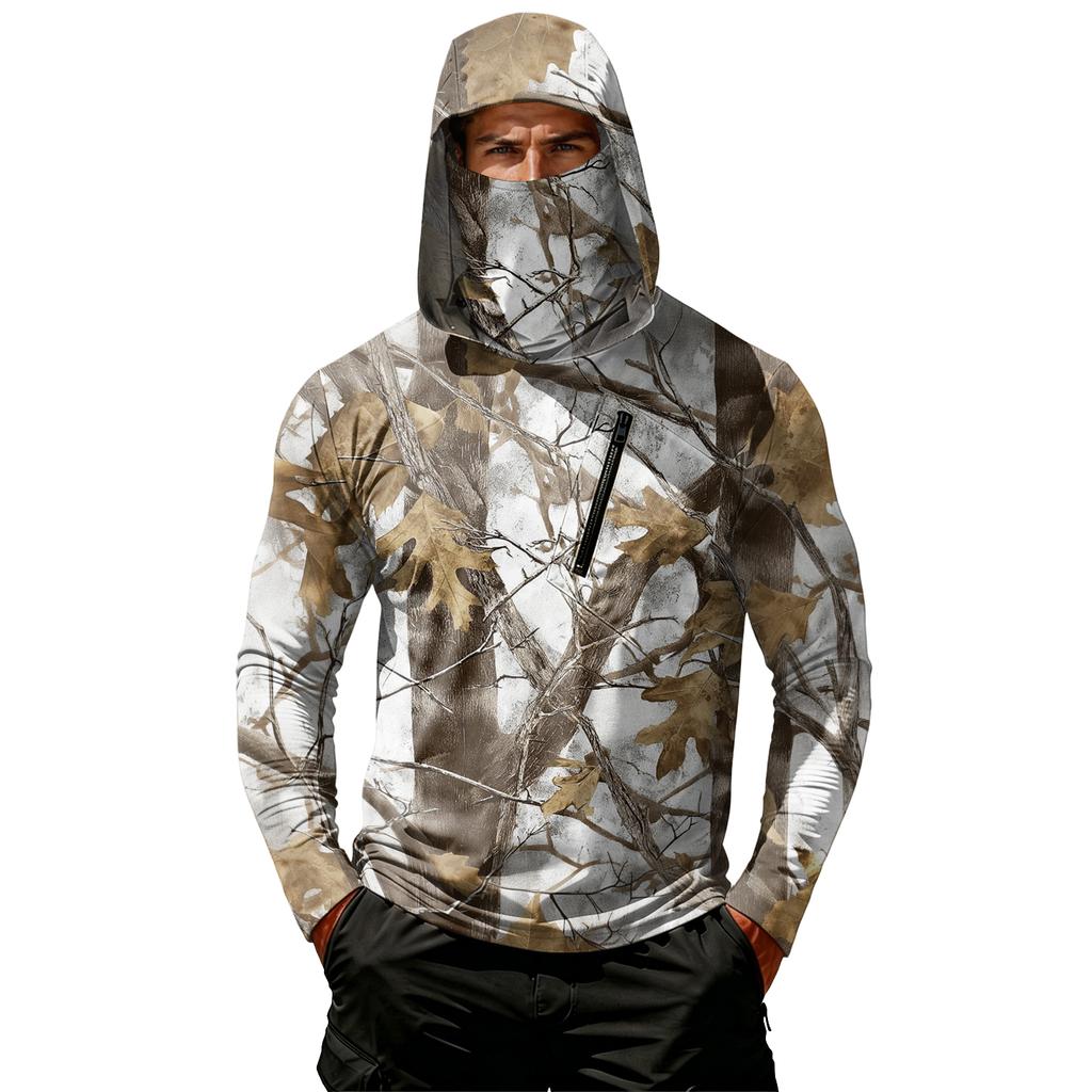 Men Long Sleeve Hooded Pullover with Chest Zipper Pocket Lightweight Printed Outdoor Sportswear Top