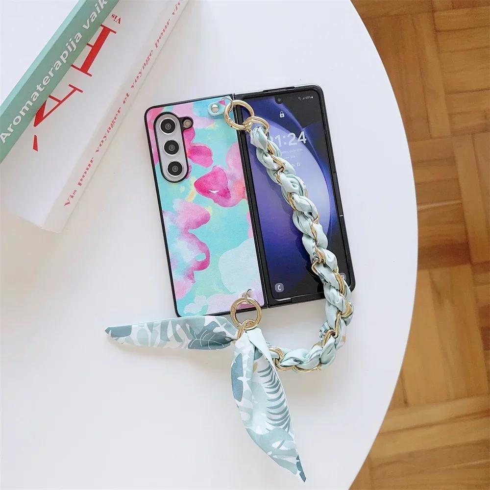 Cute Blooming PU Leather Cover with Scarf Handbag Style Chain Wrist Strap For Samsung Galaxy Z Fold 6 5 4 3 5G Hard Phone Case