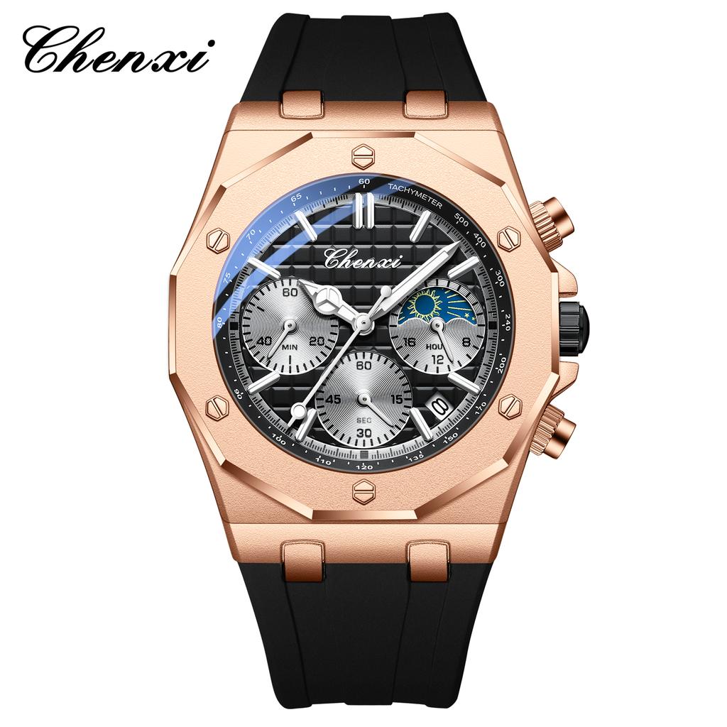 CHENXI Watches For Men Quartz Waterproof Sports Men's Watch Silicone Strap Chronograph Calendar Luminous Wristwatches