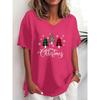 Trendy Christmas Printed T-Shirt, Plus Size Ladies Short Sleeve Casual V-Neck T-Shirt