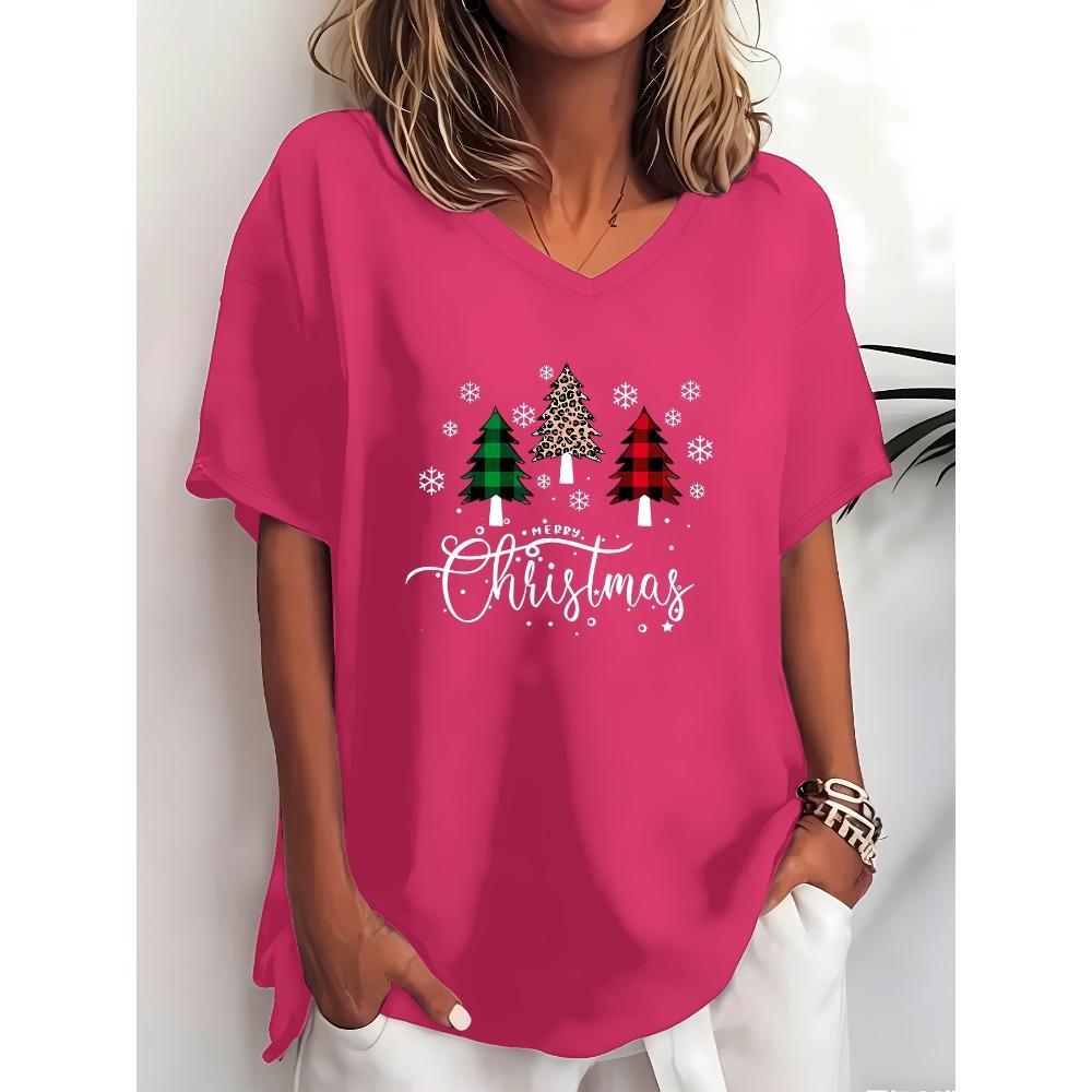 Trendy Christmas Printed T-Shirt, Plus Size Ladies Short Sleeve Casual V-Neck T-Shirt