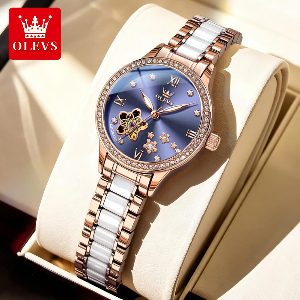 OLEVS Automatic Mechanical Woman Watch Hollowed Flower Design Ceramic Strap Diamond Bezel Luminous Waterproof Watches for Women
