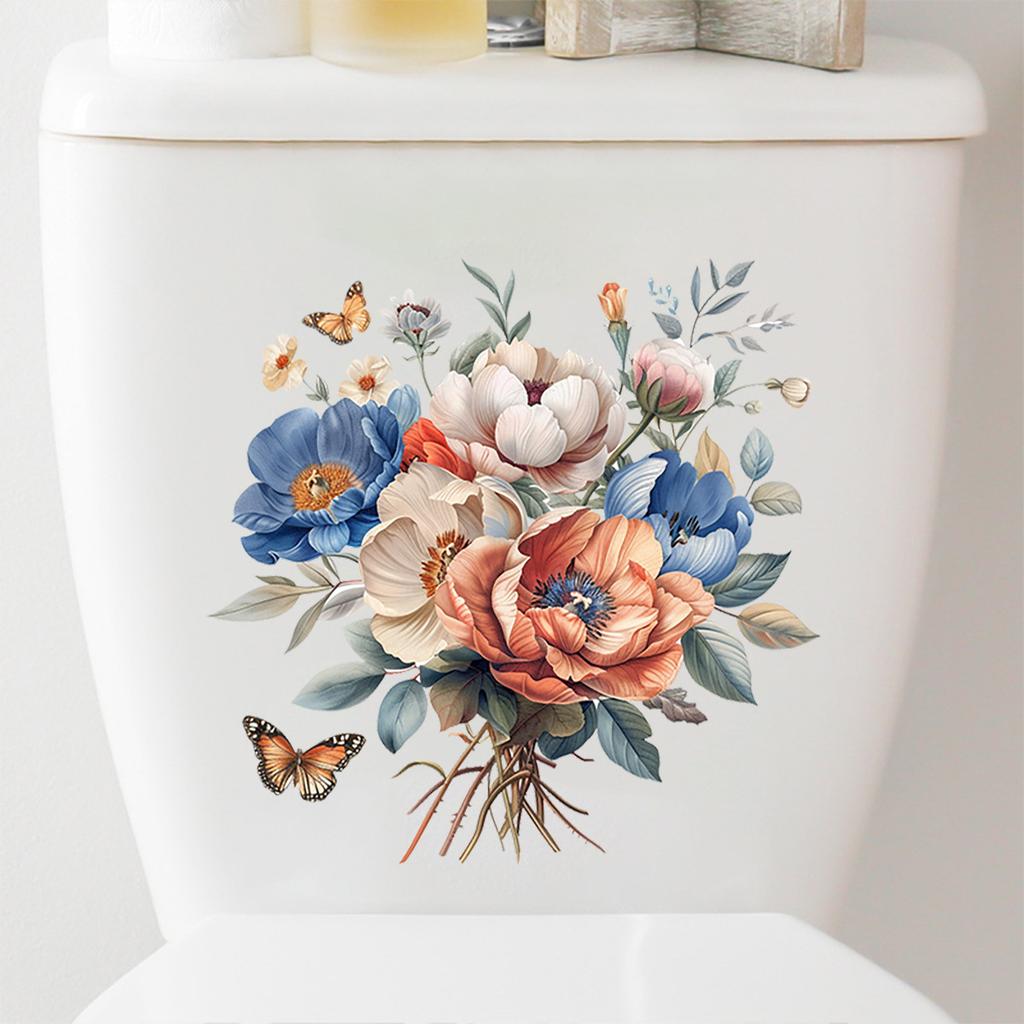 Fresh Style Floral & Butterfly Toilet Stickers, Waterproof Removable Self-Adhesive Bathroom Wall Decals