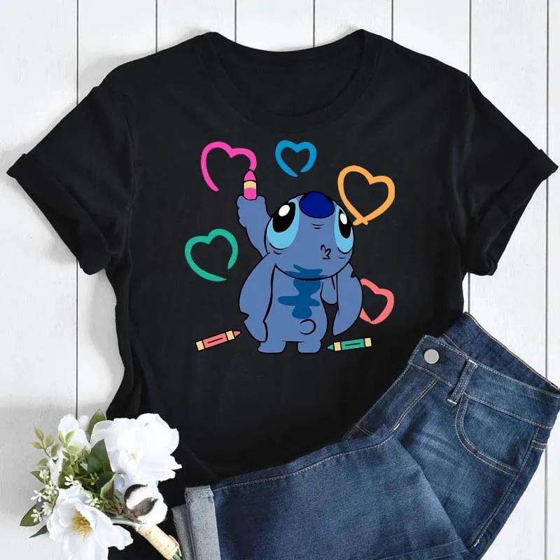 Kawaii Stitch Women's Fashion Top Casual Women's Round Neck T-Shirts Harajuku 90s Cute Stitch Women's Short Sleeves Tops Tees