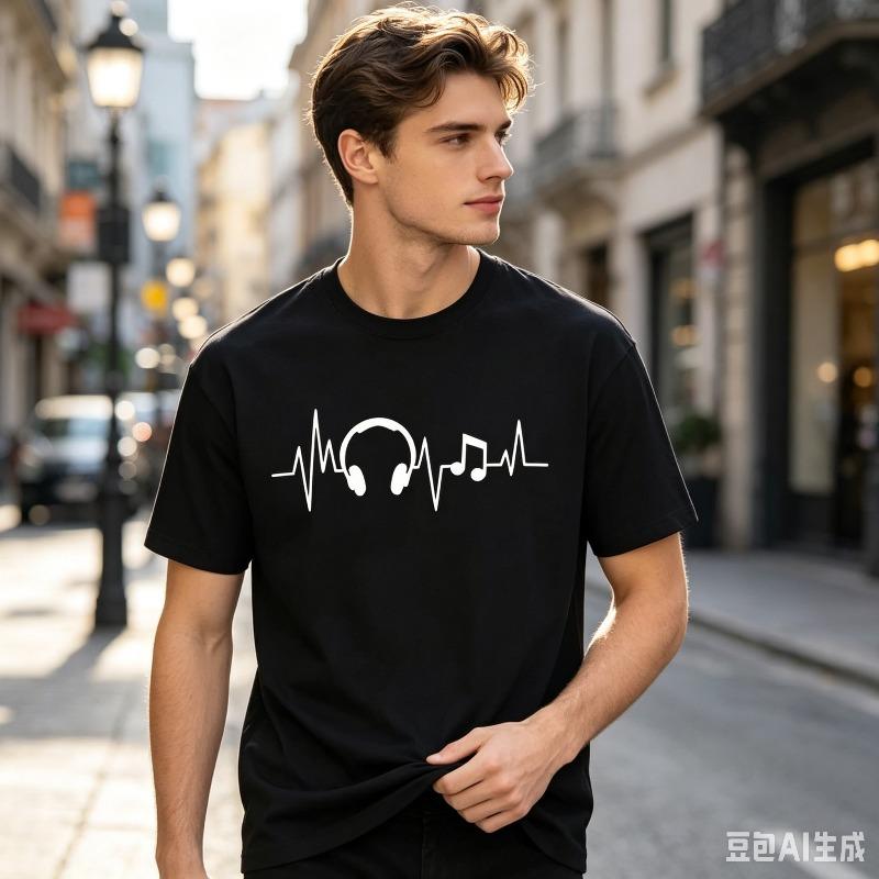 Headphone Music Note Tshirt For Unisex Heartbeat Line Print Casual Streetwear Basic Short Sleeve Tee