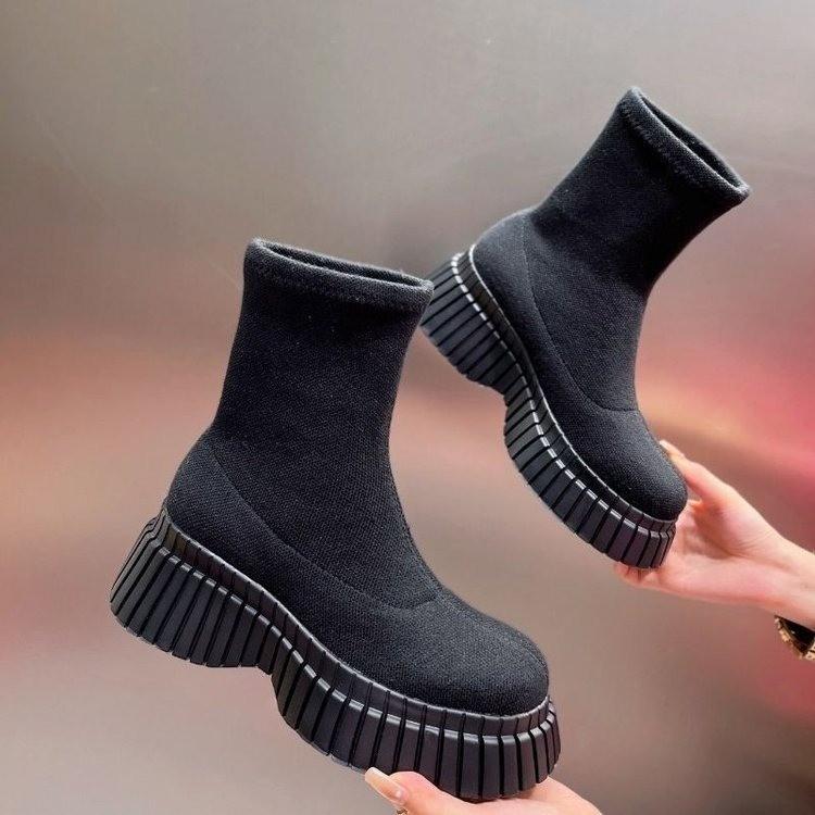 

Модные женские сапоги на платформе 6 см, осенне-зимние, с высокой подошвой, дышащие, без застежек, вязаные, эластичные, на высоком каблуке для женщин 35