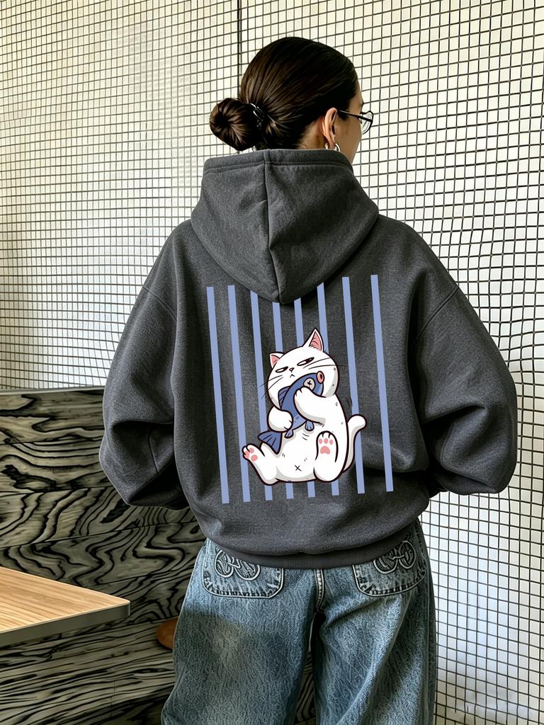 Women's hooded sweatshirt, featuring cat and fish patterns, with a casual style, suitable for running, Y2K trend