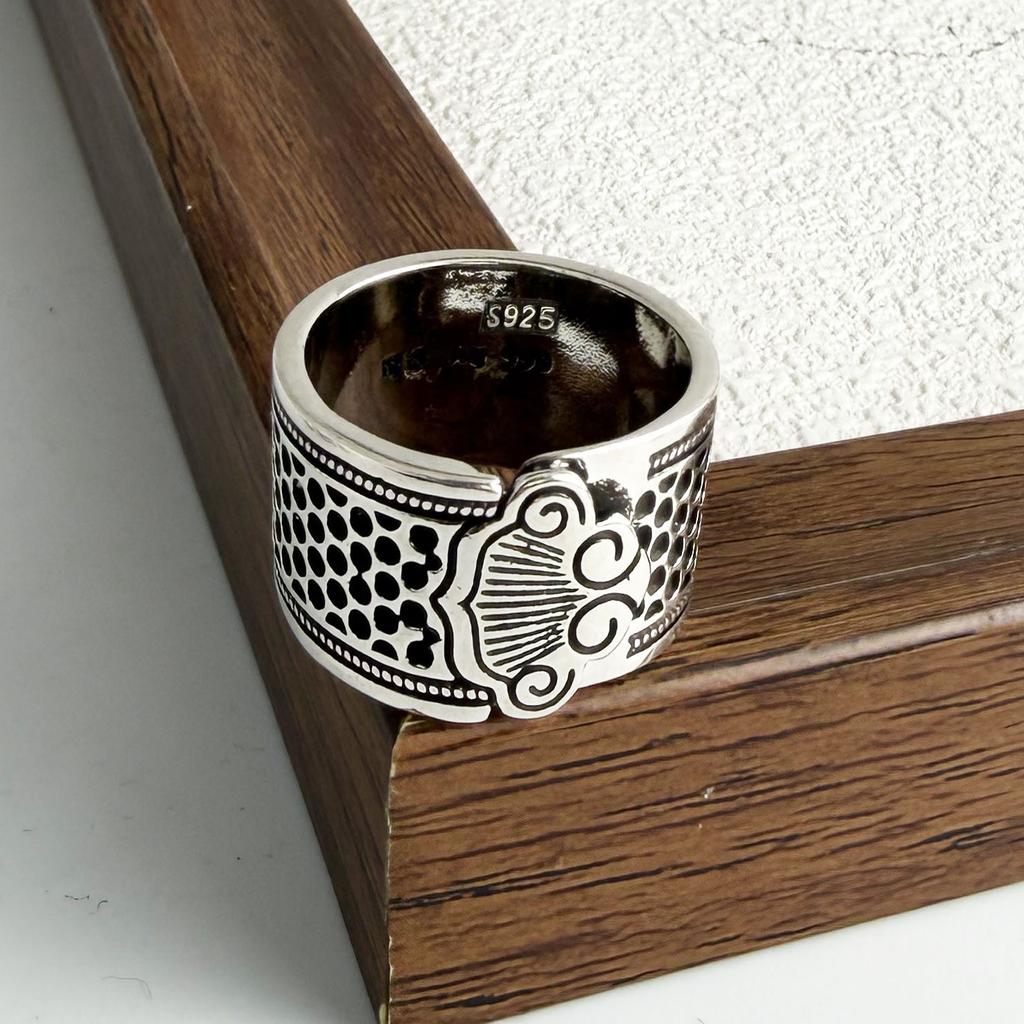 925 Silver Rings For Women Geometric Fine Jewelry Finger Adjustable Wide Hollow Stone Ring For Party Birthday Gift