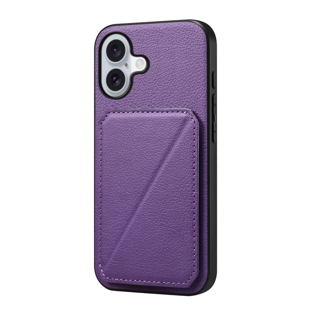 For iPhone 17 Case Card Holder Kickstand Calf Textured Leather+PC+TPU Phone Cover