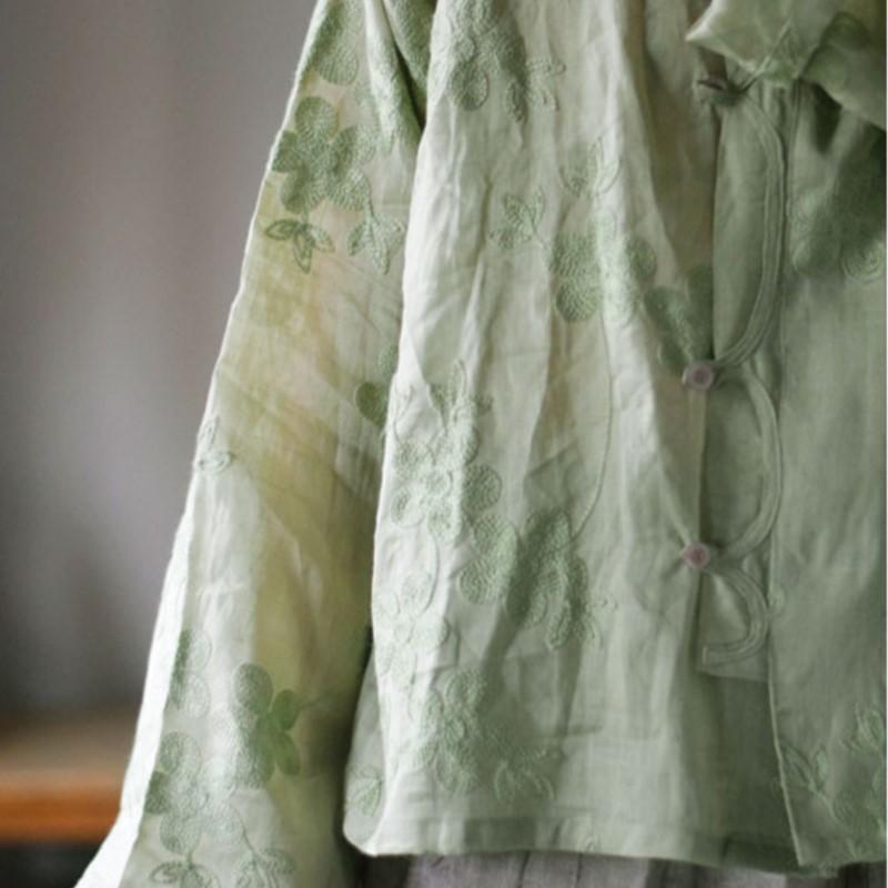 Johnature Women Vintage High Quality Shirts Tops Jacquard Green Turn-down Collar Long Sleeve Button Blouses